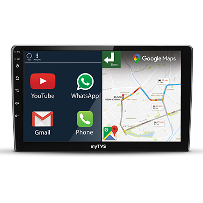 myTVS 9 Inch Car Android Player with T5L Processor, 4GB RAM, 64GB ROM, and Android Auto CarPlay support.