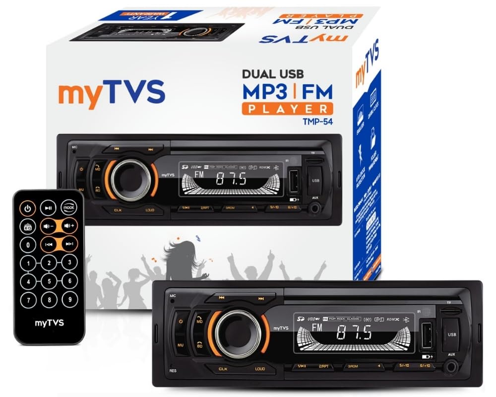 myTVS Universal Single DIN Car MP3 Media Player with Bluetooth, USB Charging, and FM Radio.