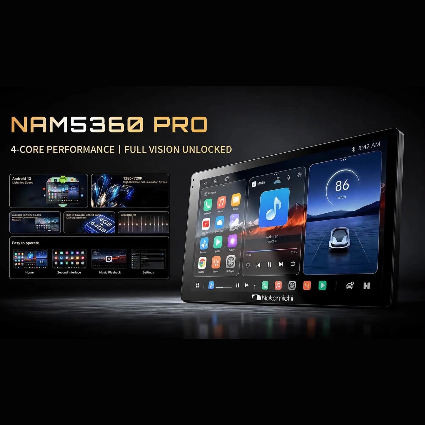 Nakamichi NAM5360 Pro Android Car Stereo | 9-Inch IPS Display | 4GB RAM + 64GB ROM | Wireless Apple CarPlay & Android Auto