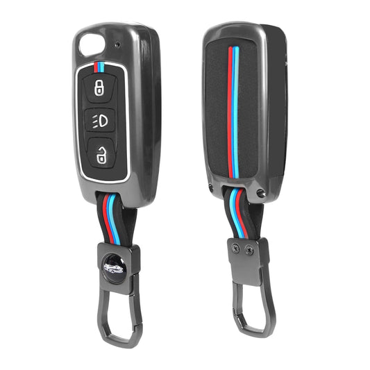 premium metal key cover for Tata 3 button flip key compatible with Nexon Tiago Altroz Punch Safari Hexa Tigor Bolt Zest Storme providing full protection and stylish finish